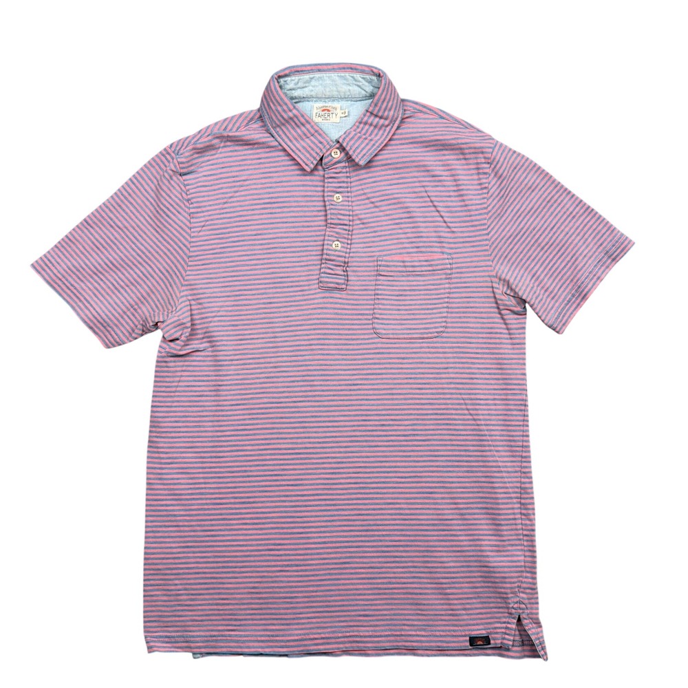 Faherty Polo Shirt Men M Pink Blue Striped Short Sleeve Pocket Organic Cotton